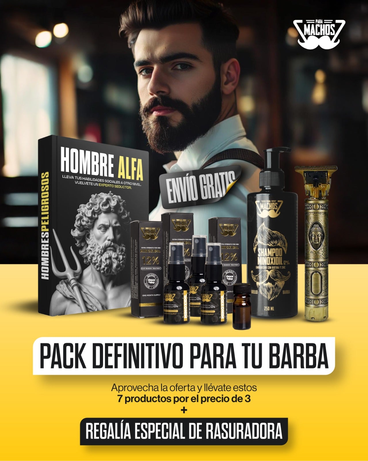 3 Minoxidiles 12% + Shampoo + Aceite + Rasuradora + Ebook